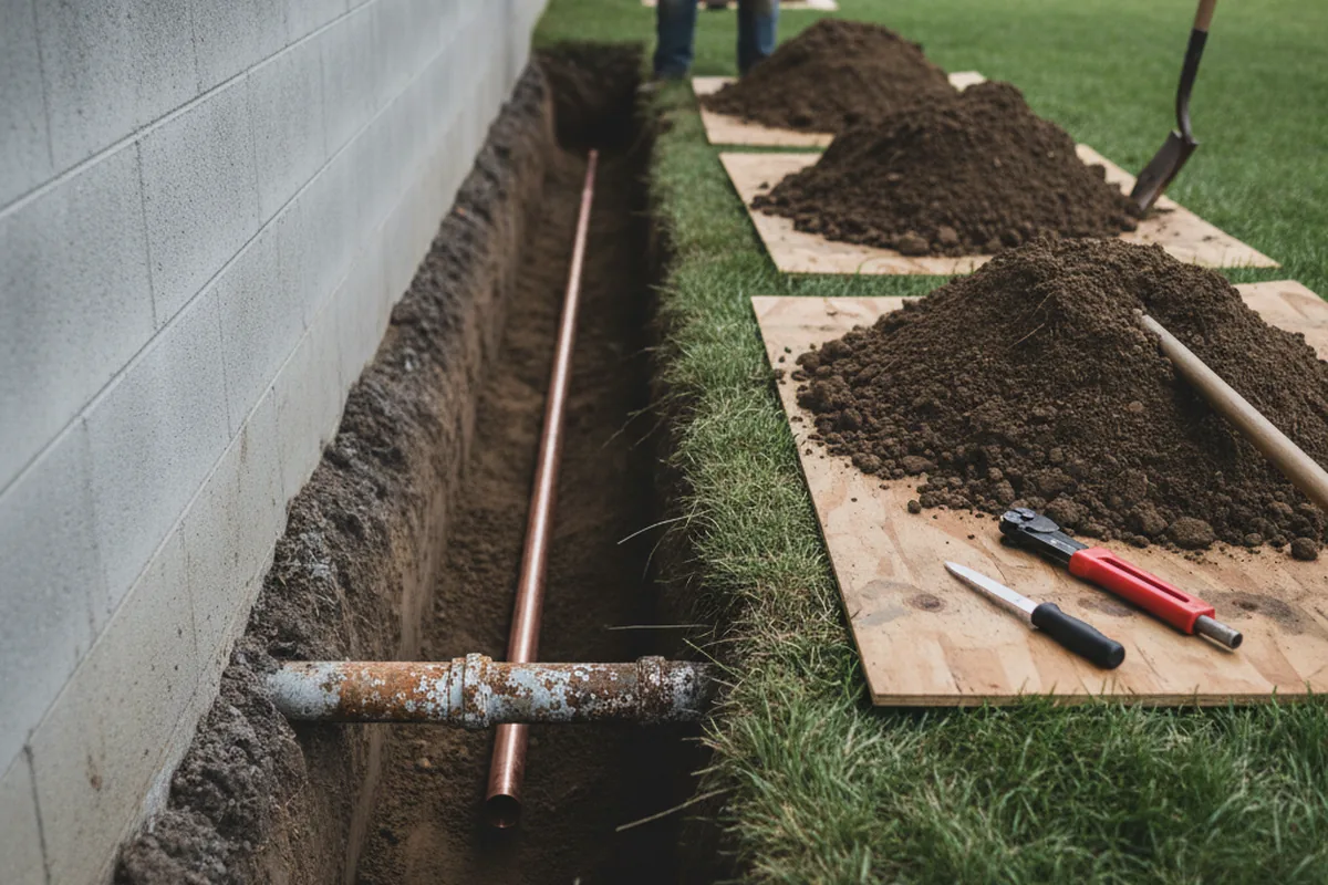 Excavated water line trench during Sewer Line Repair in San Benito